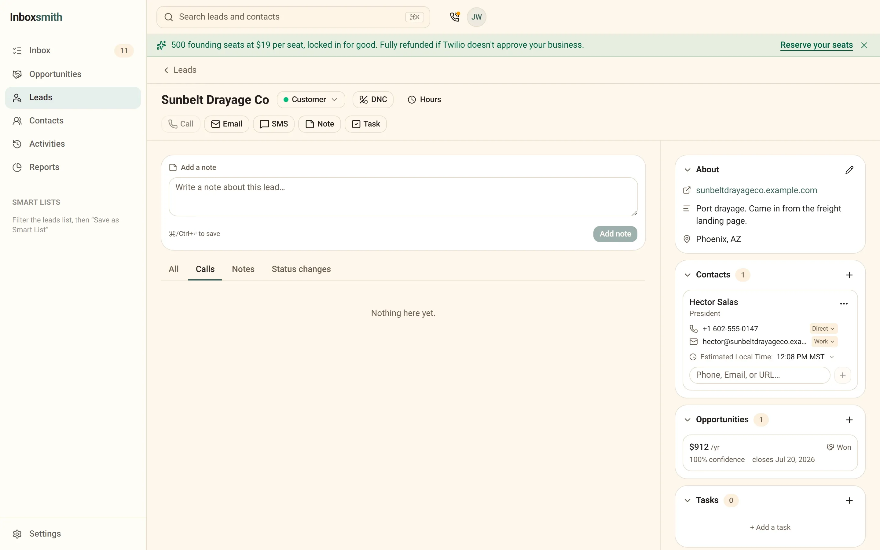 An Inboxsmith lead timeline filtered to Calls: outbound calls with outcomes and durations logged automatically.
