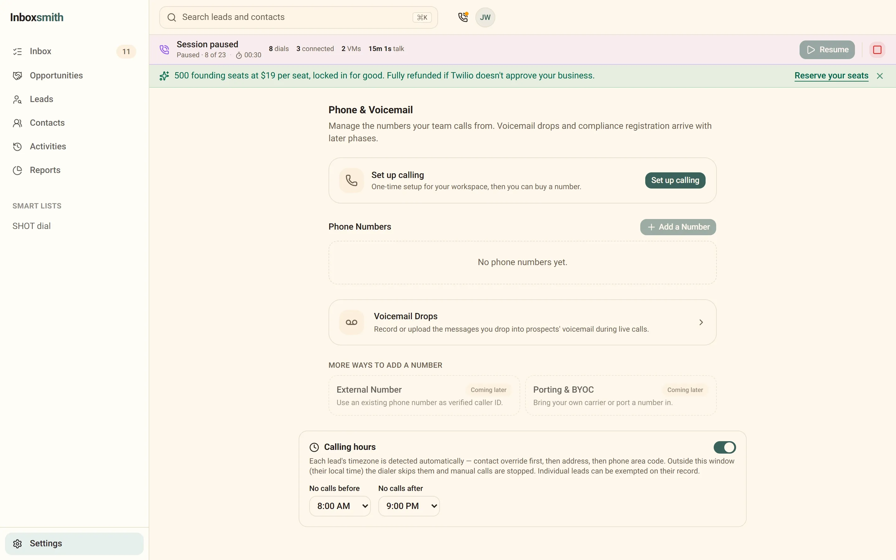 Inboxsmith calling-hours settings: an on/off guard with a no-calls-before and no-calls-after window applied per lead local time.