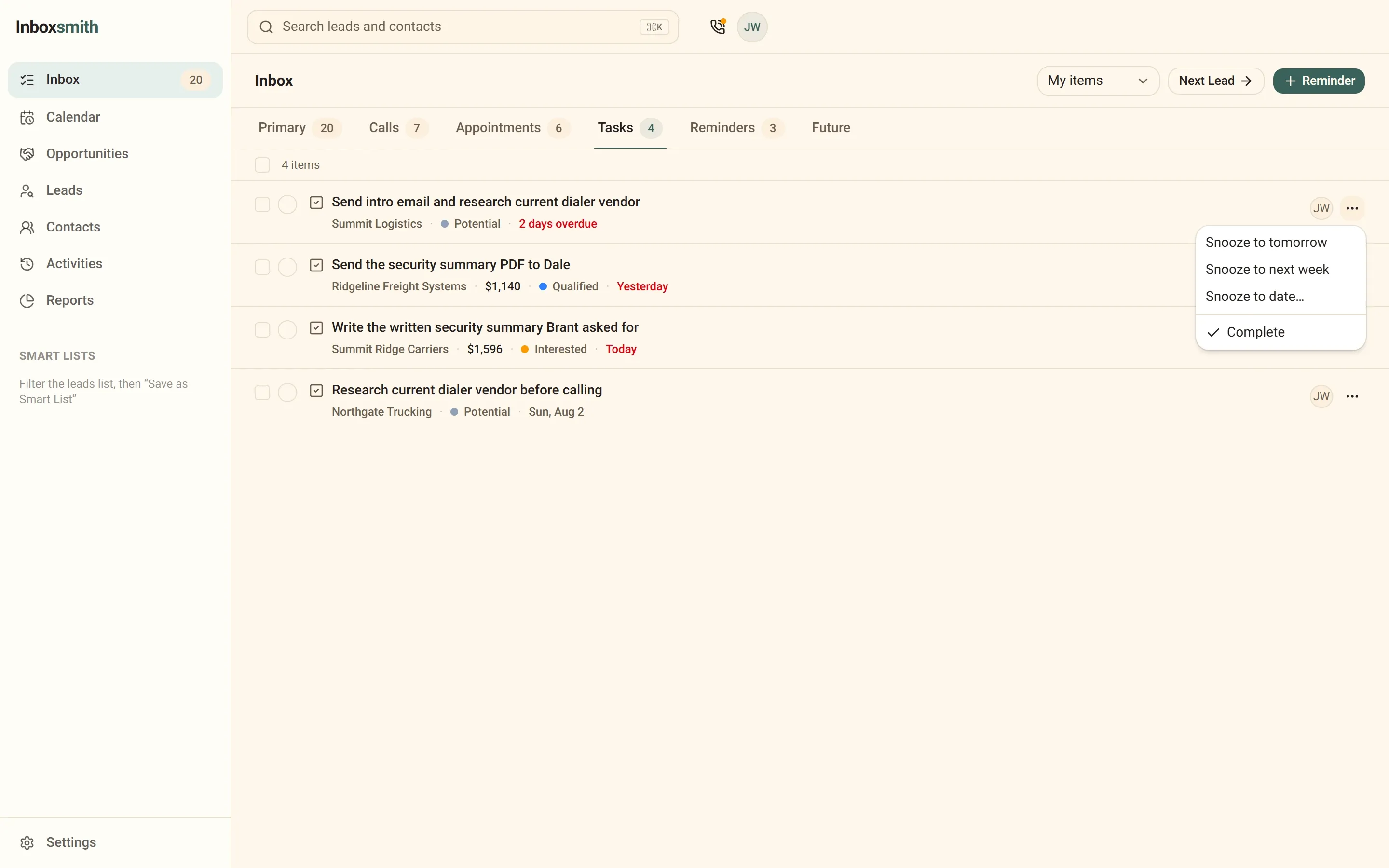 The Inboxsmith inbox with a row menu open, offering Snooze to tomorrow, Snooze to next week, Snooze to date, and Complete.