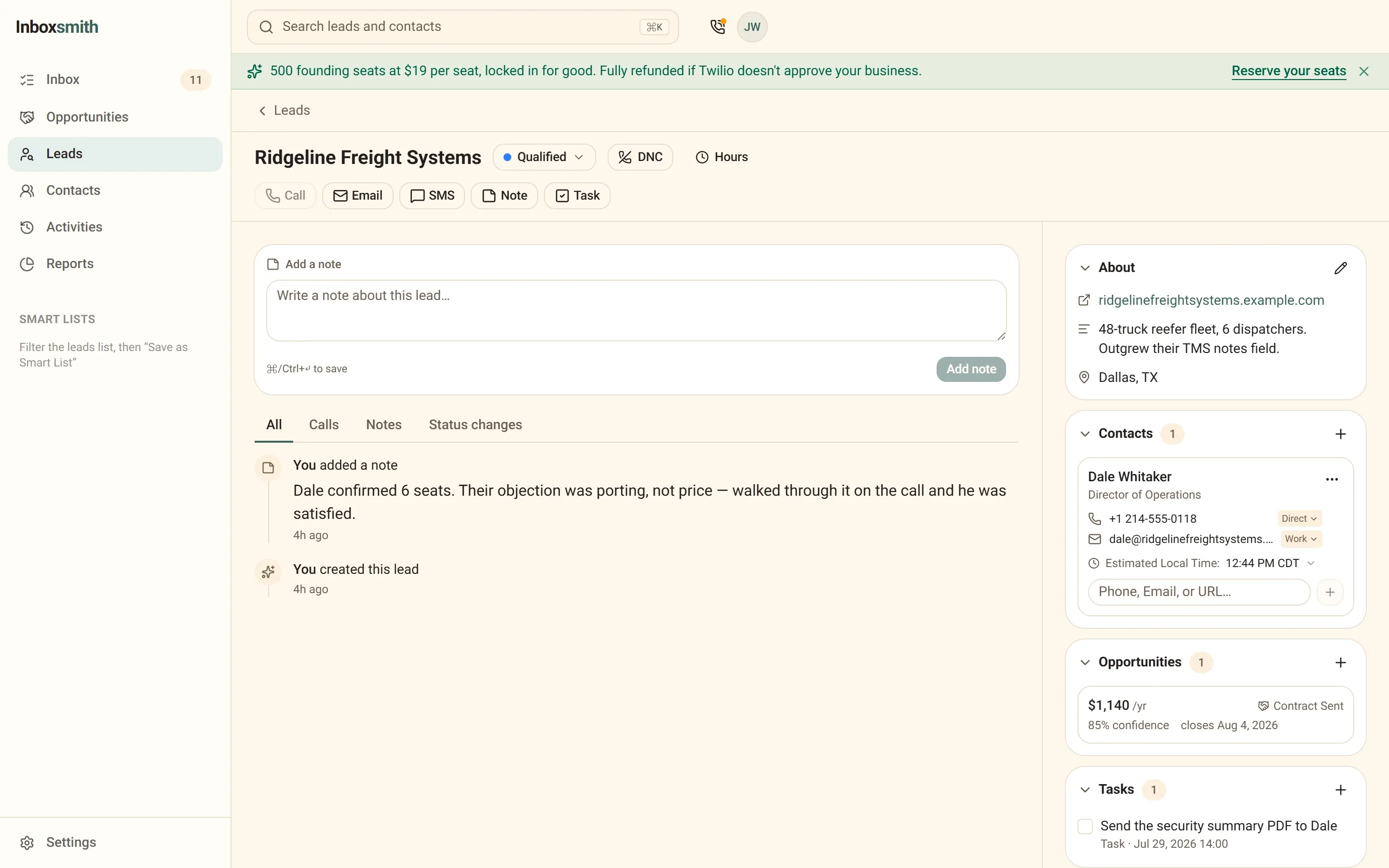 An Inboxsmith lead record: timeline with calls and notes, Do Not Call and calling-hours toggles, contact with estimated local time, opportunity and tasks.
