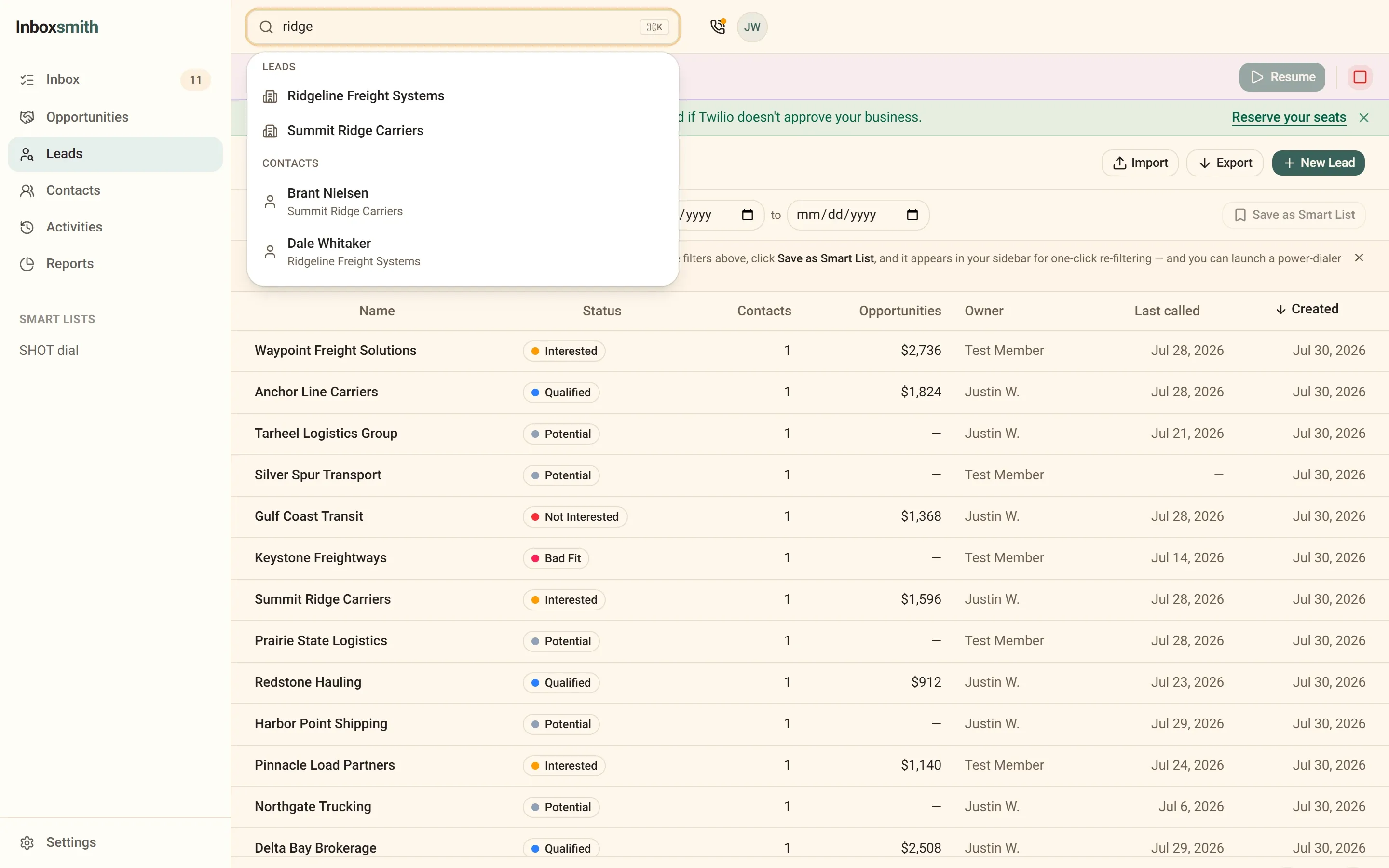 The Inboxsmith command-K search palette open over the leads list with matching leads and contacts.