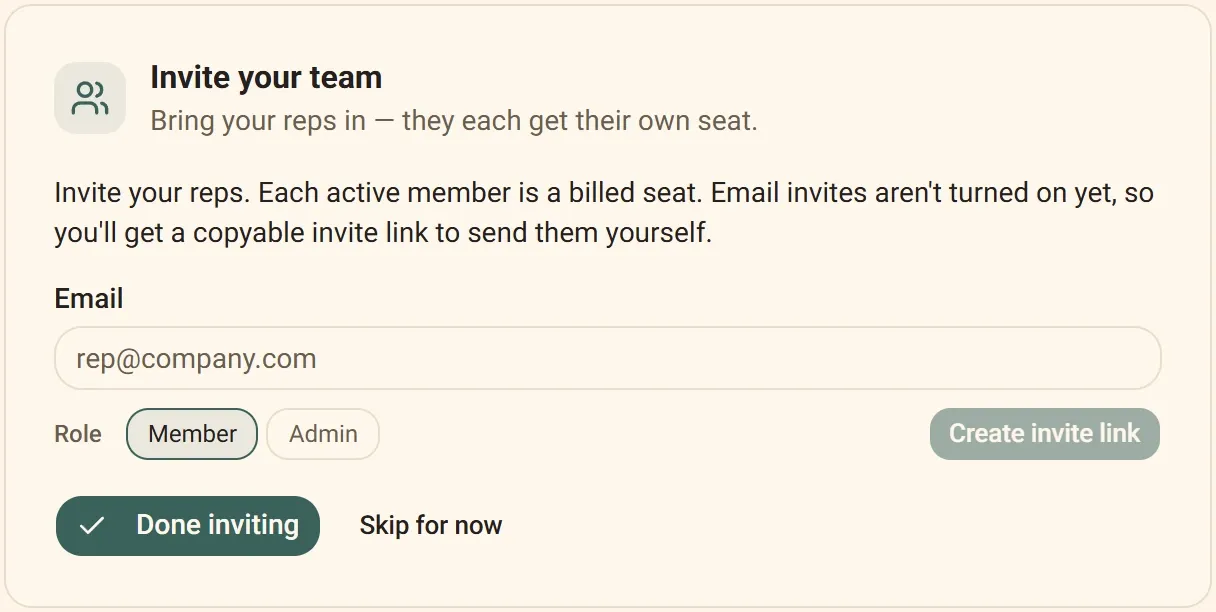 The actual "Invite your team" step of the Inboxsmith setup wizard.